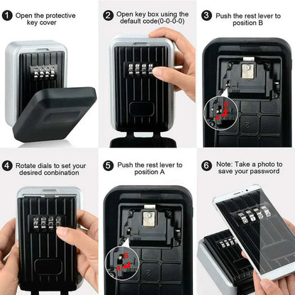 Outdoor Rustproof/Waterproof Wall-Mounted Key Safe Box - 4-Digit Combination Lock Key Holder with Waterproof Case
